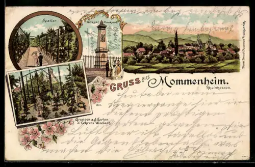 Lithographie Mommenheim /Rheinhessen, Totalansicht, Kriegerdenkmal, Spalier und Gruppen a. d. Garten d. Lehrers Windisch