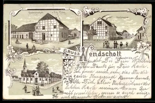 Lithographie Wendschott b. Vorsfelde, Gasthaus von Fritz Ribbe, Dorfstrasse, Schule
