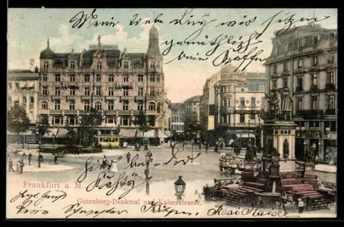 AK Frankfurt a. M., Kaiserstrasse mit Geschäften, Gutenberg-Denkmal und Strassenbahn