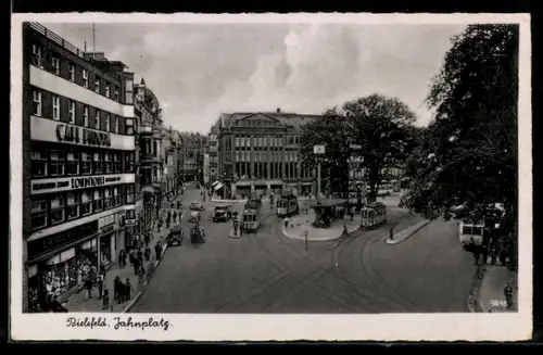 AK Bielefeld, Jahnplatz mit Cafe und Strassenbahn