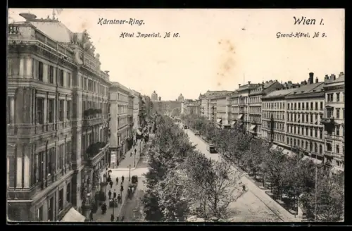 AK Wien, Blick auf den Kärntner-Ring mit Grand-Hotel und Strassenbahn