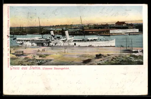 AK Stettin, unteres Stromgebiet mit Dampfer