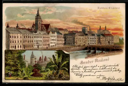 Lithographie Königgrätz / Hradec Kralove, Nábrezi Eliscino, Partie im Park