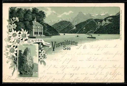 Lithographie Sisikon /Vierwaldstättersee, Tells-Kapelle, Schillerstein