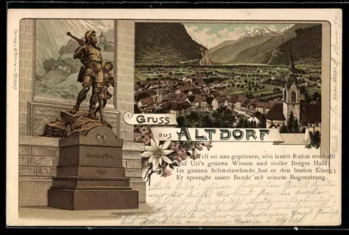 Lithographie Altdorf, Wilhelm Tell Denkmal, Teilansicht der Ortschaft