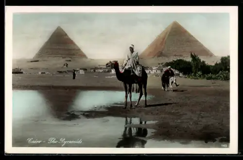 AK Cairo, The Pyramids mit Kamel