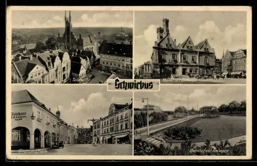 AK Schwiebus / Swiebodzin, Teilansicht, Markt mit Rathaus, Glogauerstrasse, Bahnhof mit Anlagen