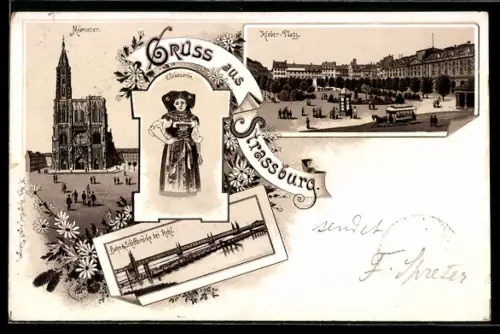 Lithographie Strassburg, Münster, Kleber-Platz, Elsässerin