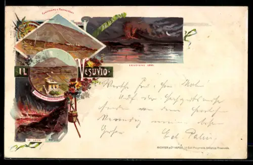 Lithographie Napoli, Vesuvio, Eruzione 1895, Funicolare e Restaurant, La Lava, Vulkan