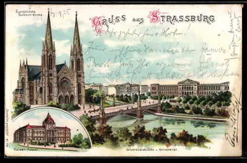 Lithographie Strassburg, Universität und Evangelische Garnison-Kirche