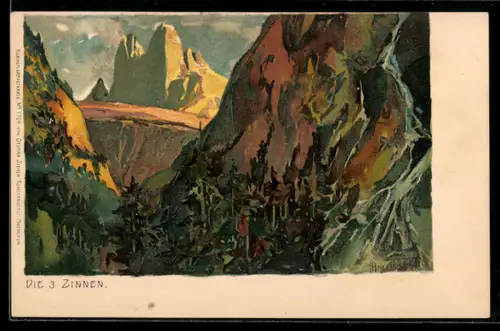 Künstler-AK sign. Hebenbart: Drei Zinnen, Gebirgsansicht