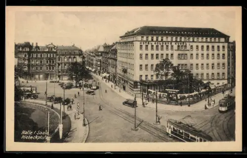 AK Halle / Saale, Strassenbahnen am Riebeckplatz
