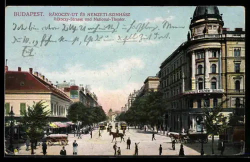 AK Budapest, Rákoczy-ut és nemzeti-szinház, Rákoczy-Strasse mit Nationaltheater und Strassenbahn