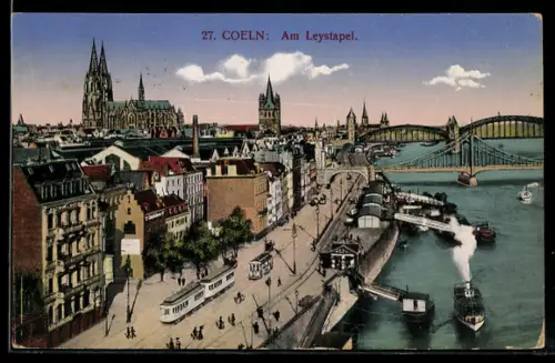 AK Köln, Am Leystapel mit Strassenbahn, Im Hintergrund Dom