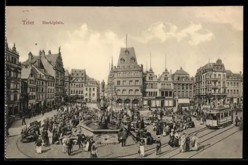 AK Trier, Ansicht vom Marktplatz, Strassenbahn