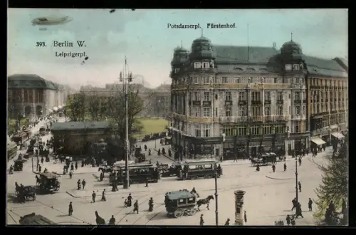 AK Berlin, Potsdamer Platz mit Fürstenhof und Leipzigerplatz mit Strassenbahnen