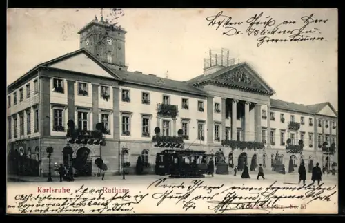 AK Karlsruhe, Strassenbahn am Rathaus