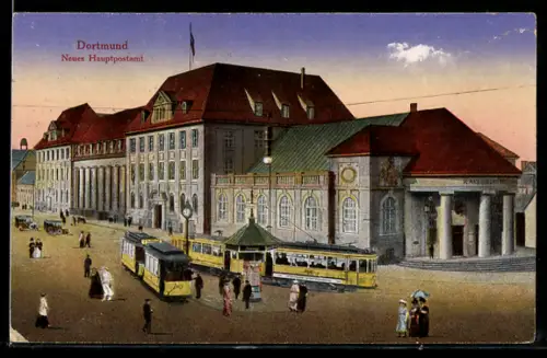 AK Dortmund, Strassenbahnen vor dem neuen Hauptpostamt