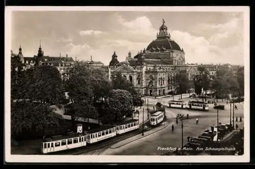 AK Frankfurt a. M., Am Schauspielhaus, mit Strassenbahnen aus der Vogelschau