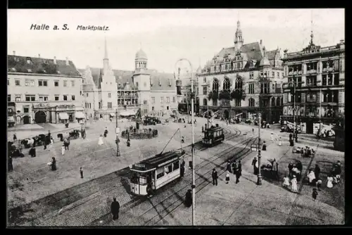 AK Halle a. S., Marktplatz mit Strassenbahn