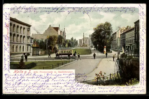 AK Halle a.d. Saale, Alte Promenade mit Stadttheater, Strassenbahn