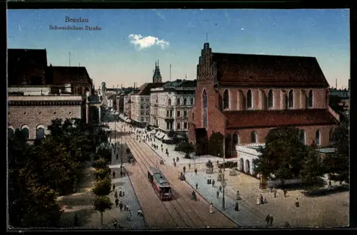 AK Breslau, Strassenbahnverkehr auf der Schweidnitzer Strasse