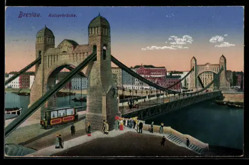 AK Breslau, Kaiserbrücke, Strassenbahn