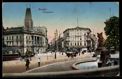 AK Breslau, Königsplatz mit Brunnen in Abendstimmung