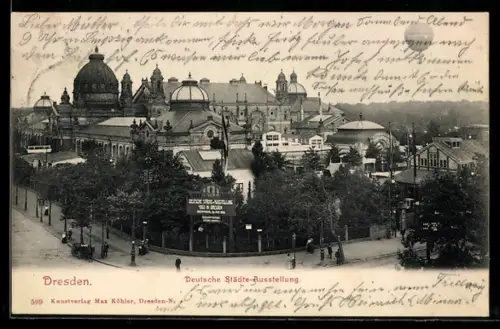 AK Dresden, Deutsche Städte-Ausstellung 1903, Ballon über dem Gelände
