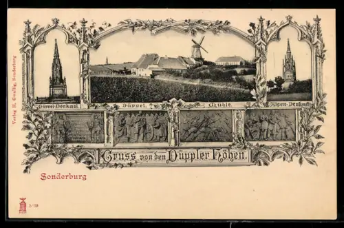 AK Düppel, Mühle auf der Düppeler Höhe, Düppel-Denkmal, Alsen-Denkmal