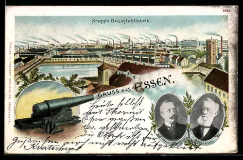 Künstler-AK Essen, Gussstahlfabrik der Krupp A.-G., Feuernde Kanone, Portraits Friedrich Alfred und Alfred Krupp