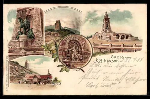 Lithographie Kyffhäuser, Kyffhäuserdenkmal, Barbarossahöhle, Burgruine