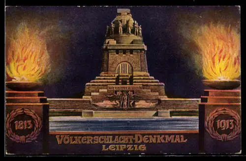 AK Leipzig, Völkerschlachtdenkmal zwischen zwei Feuerschalen
