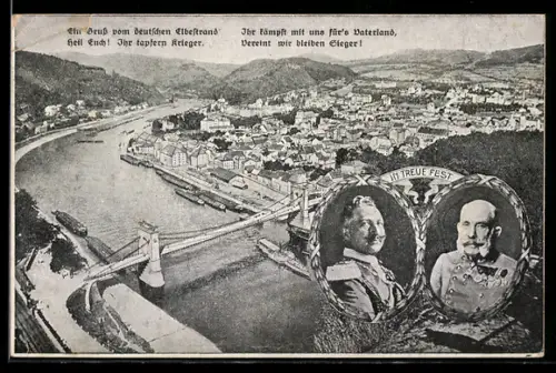 AK Tetschen a. Elbe, In Treue fest!, Kaiser Wilhelm II. & Kaiser Franz Josef I. von Österreich, Stadtansicht