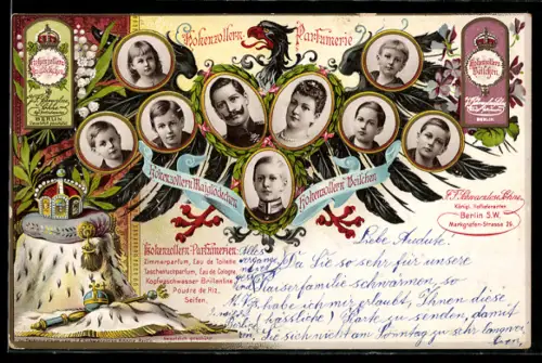 Lithographie Hohenzollern-Parfümerie, Portraits Kaiser Wilhelm II. und Kaiserin Auguste Viktoria