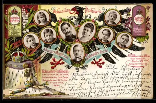 Lithographie Hohenzollern-Parfümerie, Portraits Kaiser Wilhelm II. und Kaiserin Auguste Viktoria