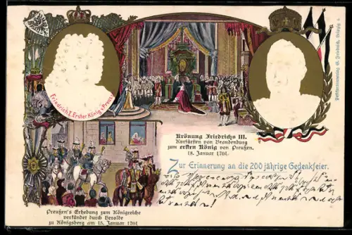 Lithographie Königsberg, Krönung Friedrich des III. 1701, Portrait Friedrich I. Kaiser Wilhelm II.