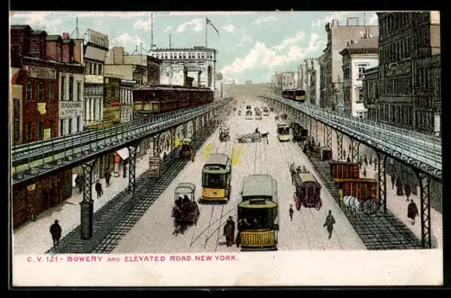 AK New York, Bowery and Elevated Road, Strassenbahnen