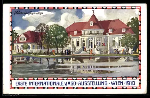 Künstler-AK H. Kalmsteiner: Wien, I. Internationale Jagdausstellung 1910, Besucher am Deutschen Jagdschloss