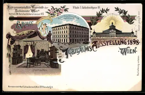 Lithographie Wien, Jubiläums-Ausstellung 1898, Warenhalle der Tischlermeister Wiens, Rotunde im Prater