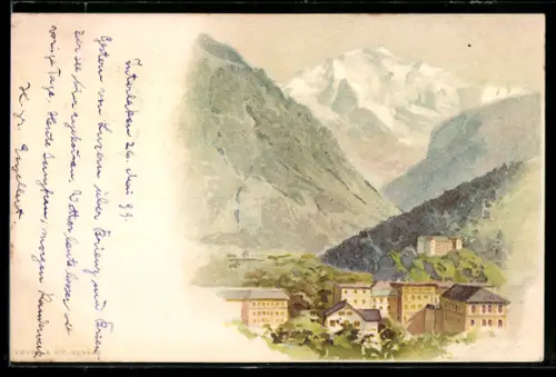 Künstler-AK Interlaken, Teilansicht mit Jungfrau