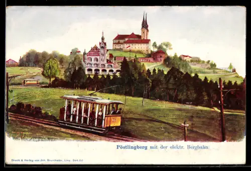 AK Linz a. D., Pöstlingberg mit der elektr. Bergbahn, Strassenbahn