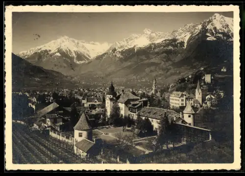 AK Merano, Ortsansicht gegen das Hochgebirge