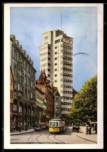 AK Stuttgart, Strassenbahn vor dem Tagblatt-Turmhaus