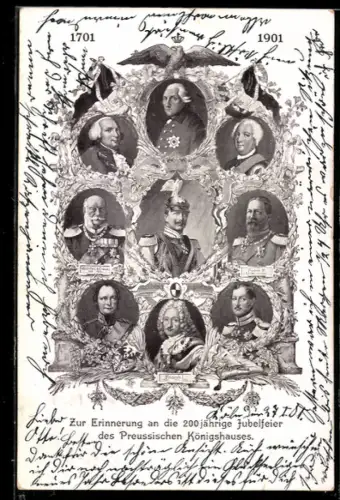 AK Deutsches Königshaus 1701-1901, Friedrich I., Wilhelm I., Friedrich Wilhelm III., Wilhelm II.