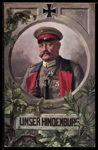 AK Paul von Hindenburg, Portrait mit Fernglas und Uniform mit Orden, Eisernes Kreuz