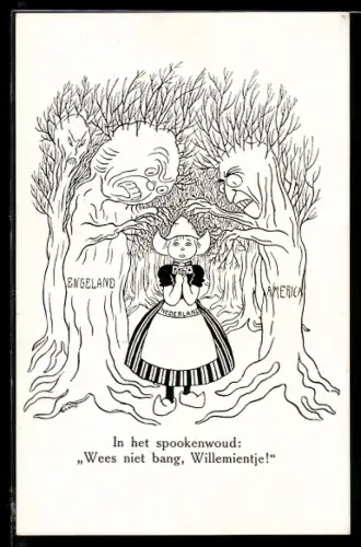 AK Karikatur, England und Amerika als Bäume machen einem holländischen Mädchen Angst