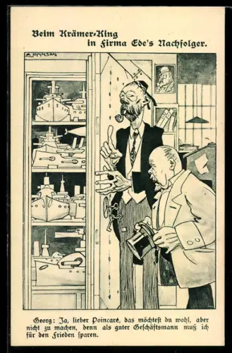 Künstler-AK Karikatur: Beim Krämer-King in Firma Ede`s Nachfolger, Kriegsschiffe im Schrank
