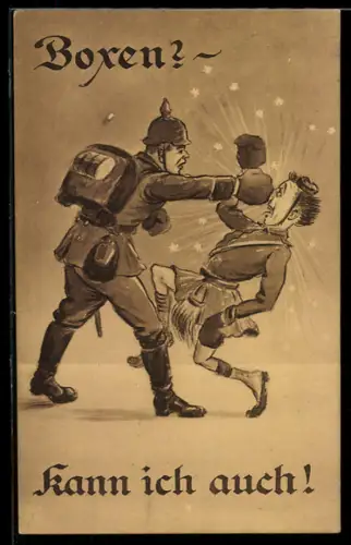 AK Propaganda 1. Weltkrieg, Boxen kann ich auch, deutscher Infanterist verpasst Schotten eine Gerade auf die Nase