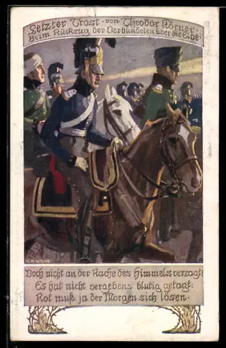 Künstler-AK Karl Alex Wilke: Rückzug der Verbündeten über die Elbe, Befreiungskriege